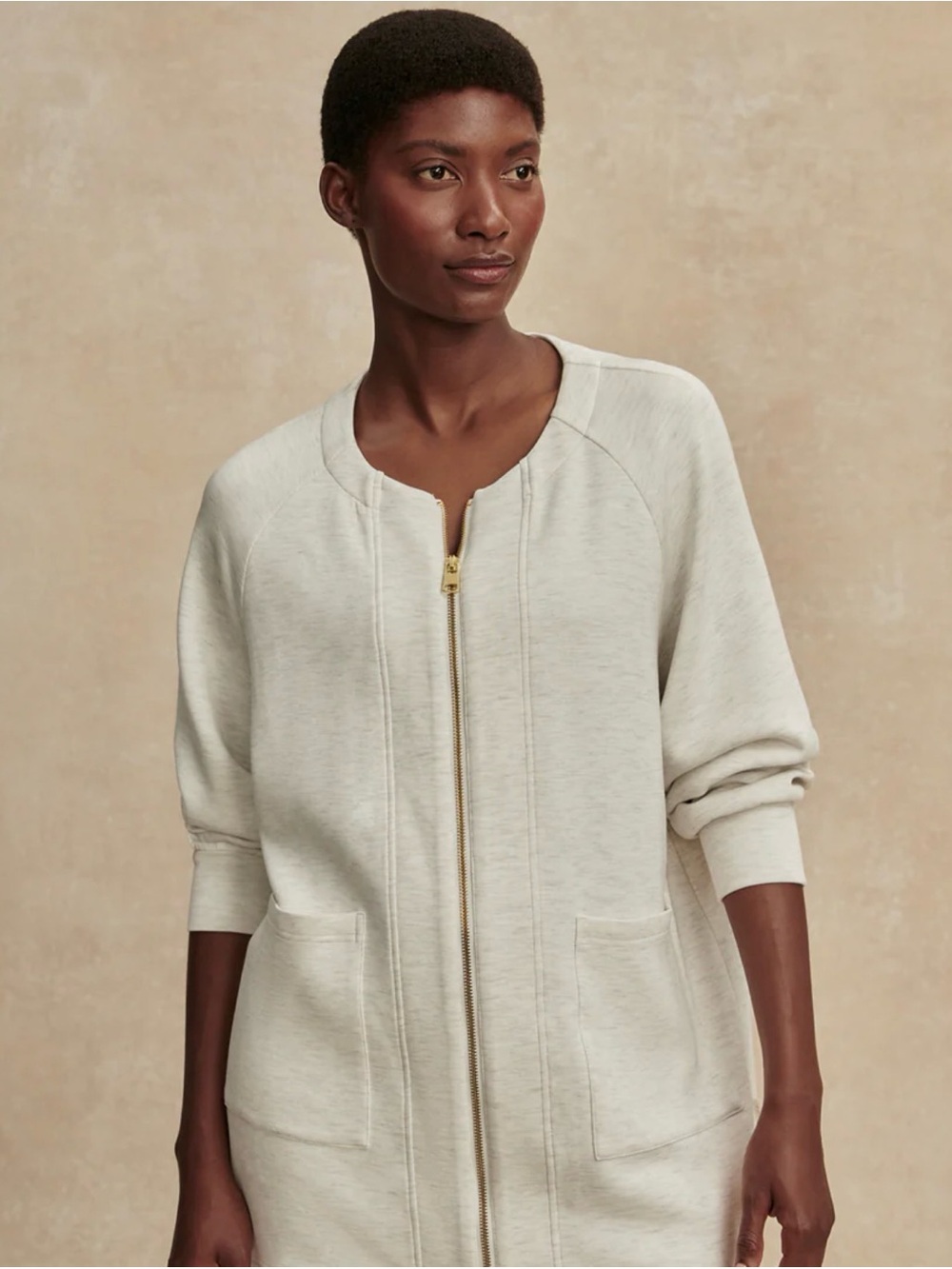 Varley Augusta Ivory Double Soft Oversized Zip Through Pockets Sweater medium